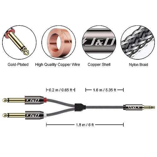 J&D 3.5mm 1/8 inch TRS Male to Dual 6.35mm 1/4 inch TS Male Mono Stereo Y-Cable Splitter for Amplifiers/Mixer Audio Recorder, Zinc Alloy Housing, Nylon Braid, Gold Plated Copper Shell, 6 Feet 3