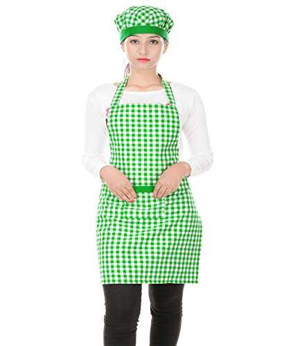 Switchon Cotton Kitchen Apron with Cap (Green and White, Free Size)