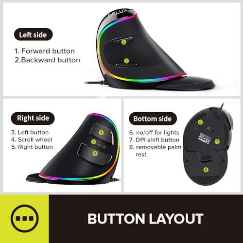 DeLUX Ergonomic Mouse, Wired Large RGB Vertical Mouse with 6 Buttons, 4000DPI, Removable Wrist Rest for Carpal Tunnel (M618Plus RGB-Wired) 6