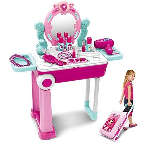 Royaldeals Toys Beauty Royaldealseup Kit for Doll Girls Cosmetic Set 2 in 1 Vanity Table Portable Royaldeals Pretend Play Set Toy with Royaldealse up Accessories for Kids Plastic (Pink) 21 Pieces