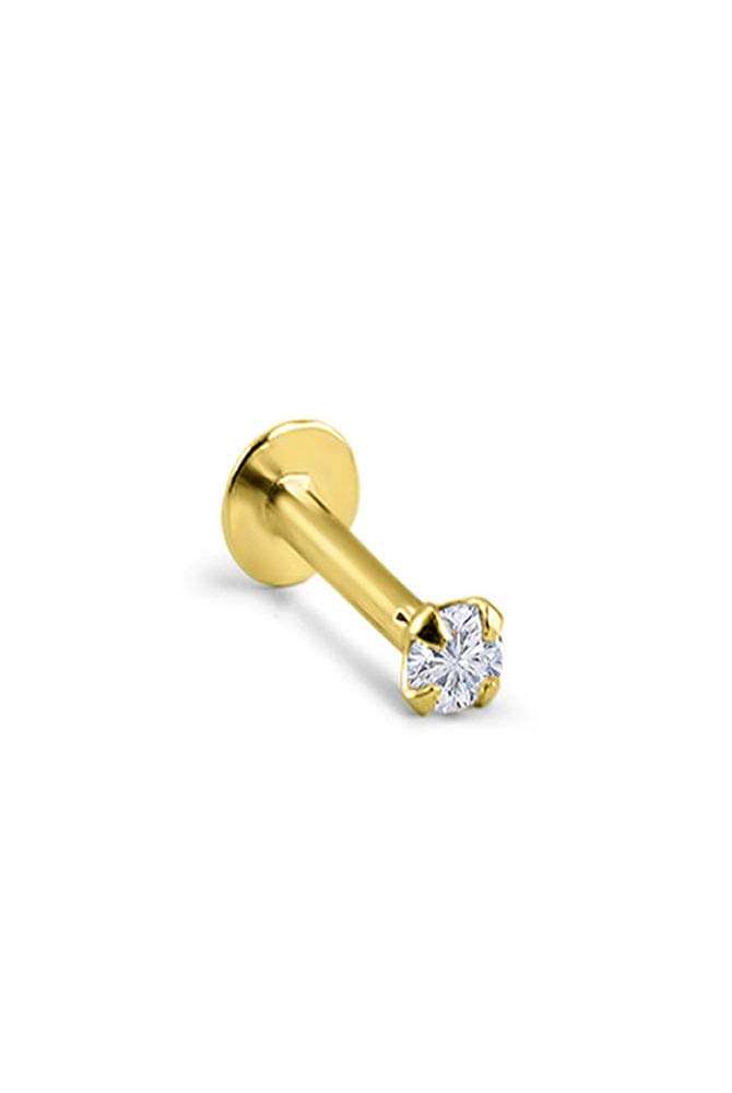 14k Yellow Gold Threadless Push Pin Labret Nose Ring Stud 1/4" 6mm Post 2mm Clear CZ 18G 1
