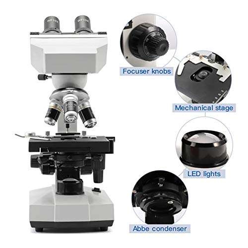 Cafthings LED Binocular Compound Lab Professional Electron Biological Microscope with 10X 20X Eyepieces, Double Layer Mechanical Stage & Ultra-Precise，Focusing,Including Slides, Phone Adapters 4