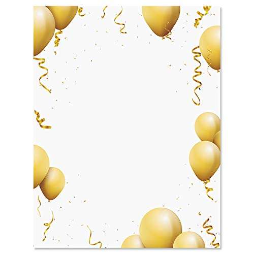 Gold Balloons Birthday Party Letter Papers -25 Sheets of Colorful, One-Sided Framed Letter Paper for Newsletters, Announcements, and Invitations 1