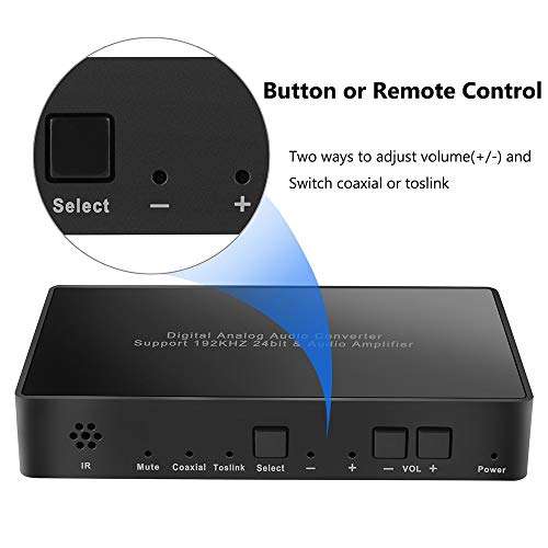 Digital to Analog Audio Converter with Remote, 192KHz/24bit Digital Coaxial Toslink to Analog L/R RCA 3.5mm Audio with Both Toslink Cable and Coaxial Cable 6