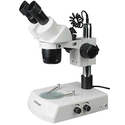 AmScope SW-2B13 Binocular Stereo Microscope, WH10x Eyepieces, 10X and 30X Magnification, 1X/3X Objective, Upper and Lower Halogen Lighting, Pillar Stand, 110V-120V 1
