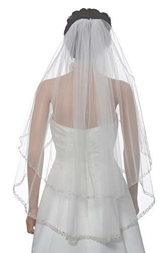SAMKY 2T 2 Tier Dual Edge Embroided Pearl Crystal Beaded Veil - White Fingertip Length 36" V452