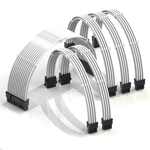 LINKUP - AVA 30cm PSU Cable Extension Sleeved Custom Mod GPU PC Braided w/Comb Kit - Compatible with RTX3090 | 1 x 24 P (20+4) | 2 x 8 P (4+4) CPU | 3 x 8 P (6+2) GPU Set | 300mm - White