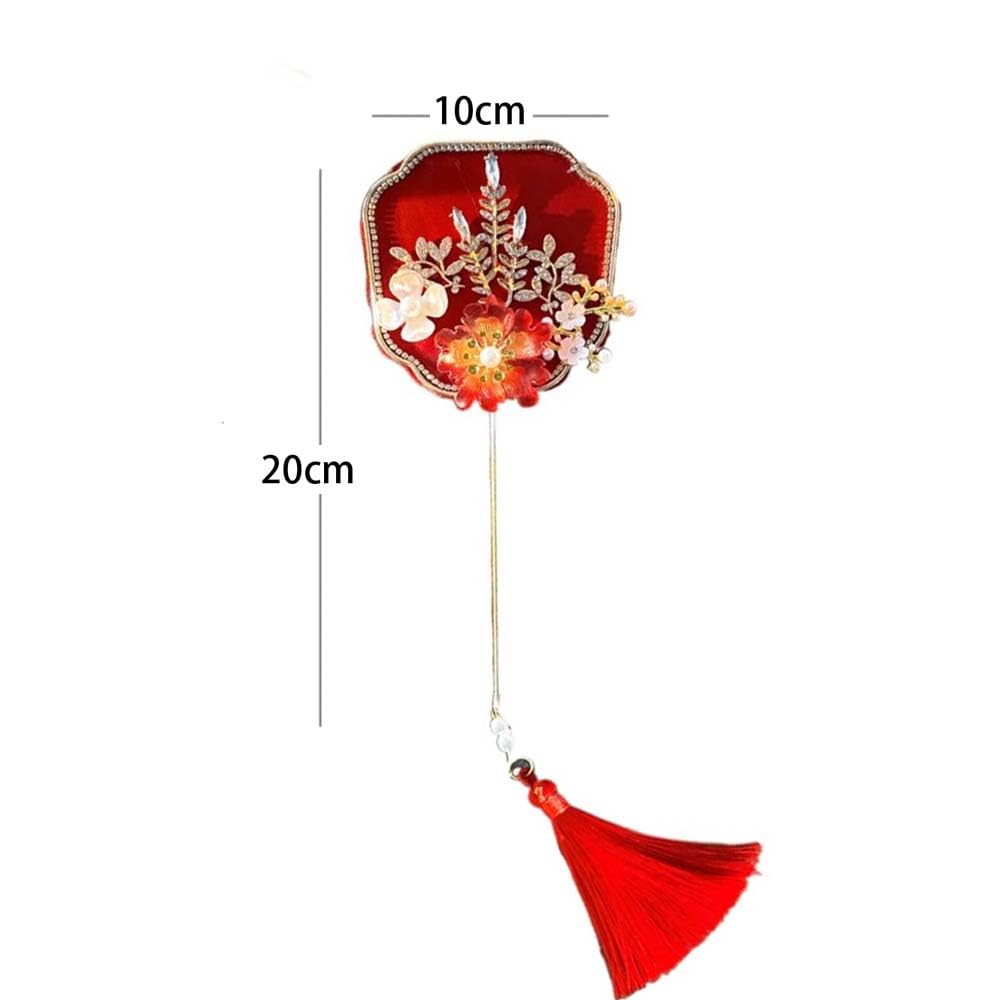 Pokinge Chinese Wedding Bridal Group Fan, Retro Bride Gold Red Circular Fan with Pendant, Flower-holding Fan, Handmade Flower Craft Photography Props(7) 3