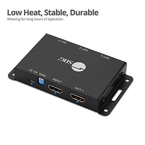SIIG 1x4 Port HDMI 2.0 Splitter 4K 60Hz HDR Compact USB Powered Auto Scaling HDMI Splitter - HDMI 2.0a HDCP 2.2 Bypass, 18Gbps, YUV 4:4:4, 3D, EDID - 1 in 4 Out, TAA Compliant (CE-H23L11-S1) 3