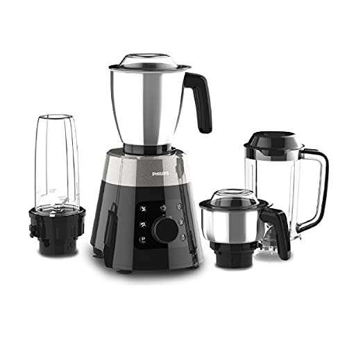 PHILIPS HL7777/00 Mixer Grinder, 750W, 4 Jars, Smart One-Touch Mode, 50%* Reduction in sound power, Digital Interface, Intelli-speed Technology for Pre-Set cooking, Soft Sound Technology, Metallic Silver and Bold Black, Large 1