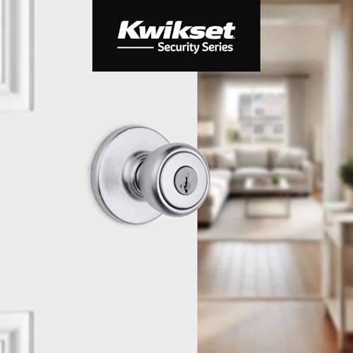 Kwikset Tylo Entry Door Knob with Lock and Key, Secure Keyed Handle Exterior Doorknob, Front Entrance and Bedroom, Satin Chrome, Pick Resistant SmartKey Rekey Security 2