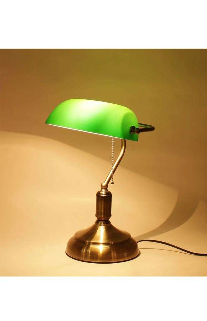 Green Table Lamp with Antique Brass Finish Base of Study Lamp for Computer Work Reading Writing Drafting Crafting Bookkeeping Sewing Knitting & Painting
