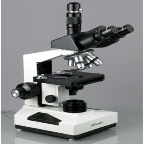 AmScope T490B-DK Compound Trinocular Microscope, WF10x and WF20x Eyepieces, 40X-2000X Magnification, Brightfield/Darkfield, Halogen Illumination, Abbe Condenser, Double-Layer Mechanical Stage, Sliding Head, High-Resolution Optics 2