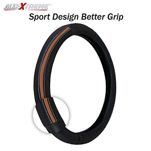 AllExtreme EXB2FM1 PU Leather Universal Anti-Slip Perforated Car Auto Steering Wheel Cover with Finger Design (37cm, Black) 2