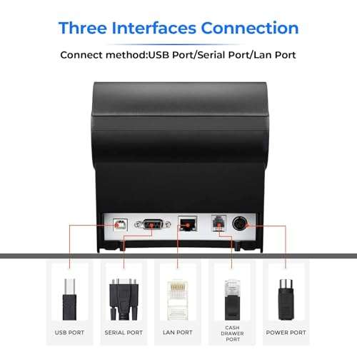 MUNBYN Receipt Printer P068, 3 1/8" 80mm Direct Thermal Printer, POS Printer with Auto Cutter - Thermal Receipt Printer with USB Serial Ethernet Windows Driver ESC/POS Support Cash Drawer 5