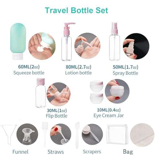 MAYCREATE® Travel Bottles for Toiletries 11pcs Kit, Leak Proof Travel Containers Squeeze Bottle for Travelling, Spray Bottles Cream Jars Refillable Dispenser Bottle Set for Shampoo Lotion, BPA-Free 2