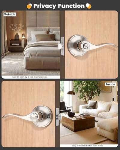 Gobrico 10 Pack Privacy Keyless Door Handles in Satin Nickel, Interior Bath and Bed Door Lever, Drop Style Heavy Duty Brushed Nickel Door Knobs 5