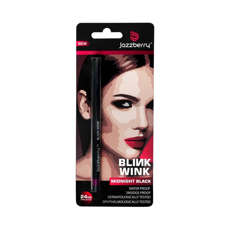 JAZZBERRY Blinkwink All Day Wear Kajal Pencil Midnight Black | Waterproof & Smudge Proof | 24 Hours Long Stay | Deep Matte Finish Bold Smooth Line - 30gm