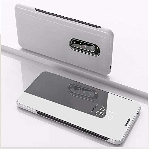 QIVSTARS Case for OnePlus 7T Pro Cool Style Clear View Window Electroplate Plating Stand Scratchproof Full Body Protective Flip Ultra Slim Cover for OnePlus 7T Pro PU Mirror:Silver QH 2