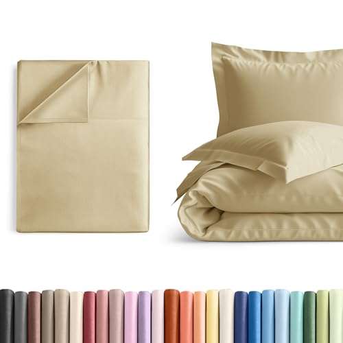 Cal King Size Flat Bed Sheet + Duvet Cover Bundle - Hotel Luxury Single Flat Bottom Sheet Only - Fits Mattresses with Deep Pockets between 8 to 16 inches - Soft, Breathable and Wrinkle Free - Beige 1