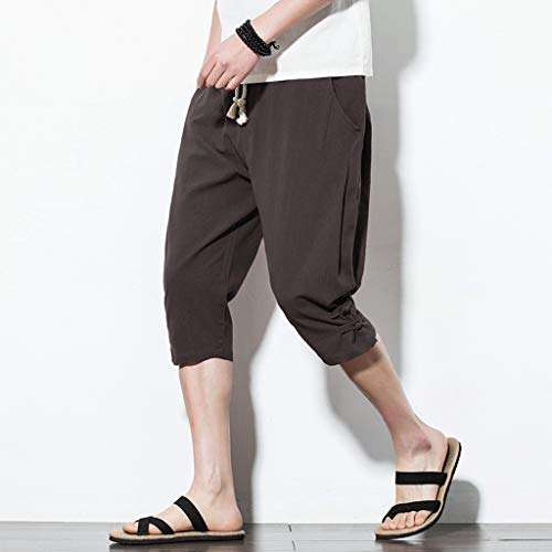 Hmlai Clearance Men Shorts Casual Big and Tall Elastic Waist Fashion Leisure Linen Loose Fit Calf-Length Linen Pants (2XL, Brown) 4