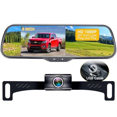 Rohent Rear View Mirror Camera - 5'' Monitor HD 1080P Backup Camera Easy Install IP69 Waterproof Clear Night Vision DIY Guide Lines for Car Truck Minivan SUV - N01 1