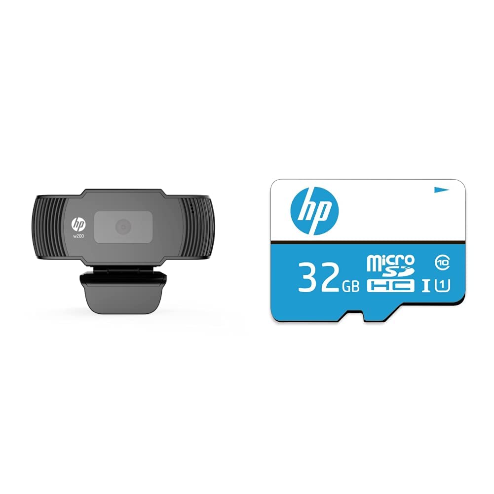HP w200 HD 720P 30 FPS Digital Webcam with Built-in Mic, Plug and Play Setup & 32GB Class 10 MicroSD Memory Card (U1 TF Card 32GB)