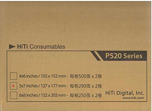 HiTi 5x7" Ribbon and Paper Case for P520 Series Photo Printer, 580 Images per Case, 2x 290 Sheet Rolls CPP $0.18 2