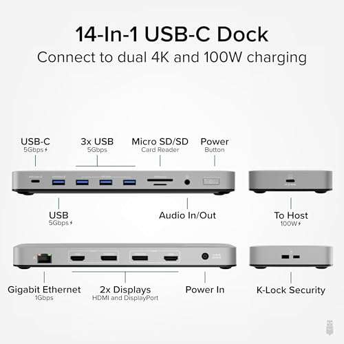 Plugable USB C Laptop Docking Station, Dual Monitor 4K 60Hz for Apple Mac M1/M2/M3/M4, 2X HDMI or 2X DisplayPort, 100W Charging DisplayLink Dock, 2 Displays for MacBook, Driver Required (UD-6950PDH) 2