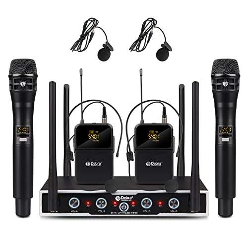 D Debra Audio Wireless Microphone System Pro DU4004 UHF 4 * 16 Adjustable Channel Wireless Handheld Lavalier Headset Mics, Ideal for Meeting Church Speech Party (2 Handheld 2 Bodypack) 1