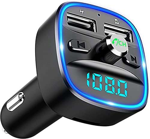 Bluetooth FM Transmitter for Car, Blue Ambient Ring Light Wireless Radio Car Receiver Adapter Kit with Hands-Free Calling, Dual USB Charger 5V/2.4A and 1A, Support SD Card, USB Disk (Black) 1