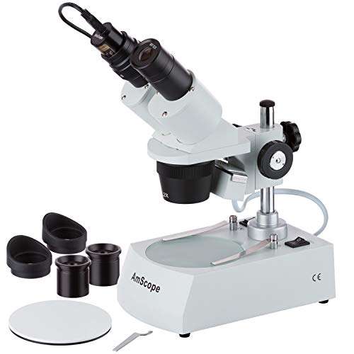 AmScope SE306R-AZ-E2 Digital Forward-Mounted Binocular Stereo Microscope, WF10x and WF20x Eyepieces, 20X/40X/80X Magnification, 2X and 4X Objectives, Upper and Lower Halogen Lighting, Reversible Black/White Stage Plate, Arm Stand, 120V, Includes 2MP Camera and Software 1