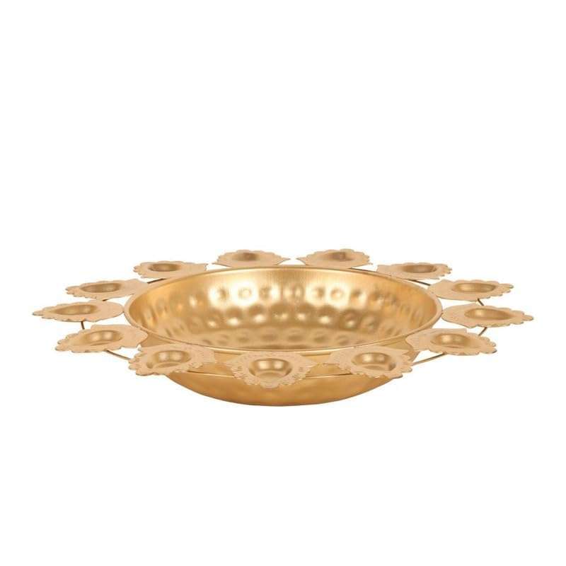 SWAY Home Decor Golden Metal Handcrafted Designer Diya Urli for Diwali with 13 Diyas Set-Traditional Decorative Bowl for Floating Flowers and Tea Light Candles, Diwali Urli, Decoration Items for Home 3