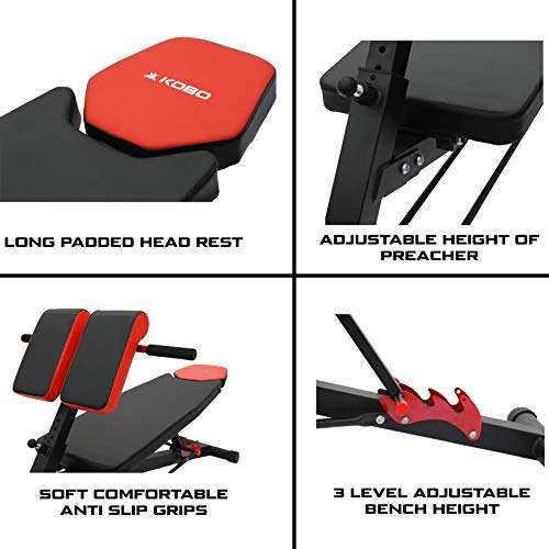 Kobo EB-1013 Steel Multi Function Imported 10 Exercises Adjustable Dumbbell Bench with Preacher Curl for Home Gym (Black/Red), Incline, 140 kg Limit 6
