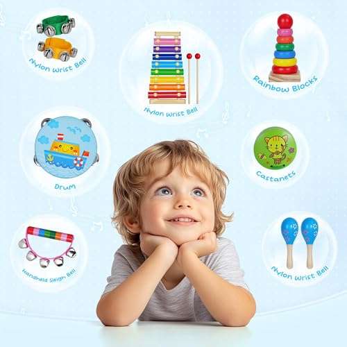 Childom Kids Musical Instruments for Toddlers,Baby Musical Toys for Toddlers,Preschool Educational Kids Gifts,Christmas Birthday Gifts for Boys Girls,Xylophone,Maracas,Wooden Instruments Toddler Toys 5