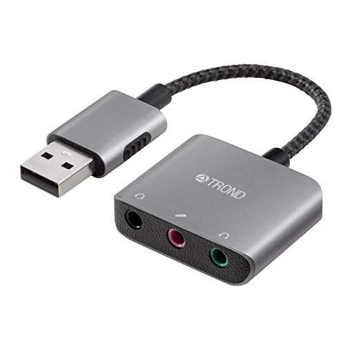 TROND External Sound Card USB Audio Adapter, Durable Aluminum Housing, Flexible Nylon Braided Cable, USB Type A to 3.5mm TRS & TRRS Aux Jacks, Space Gray 1