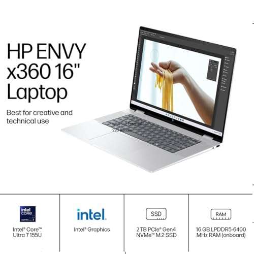 HP Envy X360 16" Ultra 7 AI Convertible 2-in-1 Laptop, 16" FHD+ Touchscreen, Intel Ultra 7 155U (Beats Intel i7-1355U), 16GB RAM, 1TB SSD Stylus Pen, Wi-Fi 6, Windows 11 Home, Silver 2