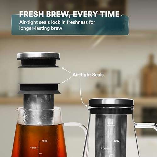 OVALWARE Airtight Cold Brew Iced Coffee Maker Pitcher and Tea Infuser with Spout - 1.0L / 34oz Ovalware RJ3 Brewing Glass Carafe with Removable Stainless Steel Filter 4