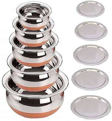 ALWAFLI Handi Set Copper Bottom Handi Set of 5pc pcs Piece with lid Kitchen Serving, Cooking Bowl, Dining Handi, Cookware Set, Lid Handi (Silver) (5 Piece with Lid) 6