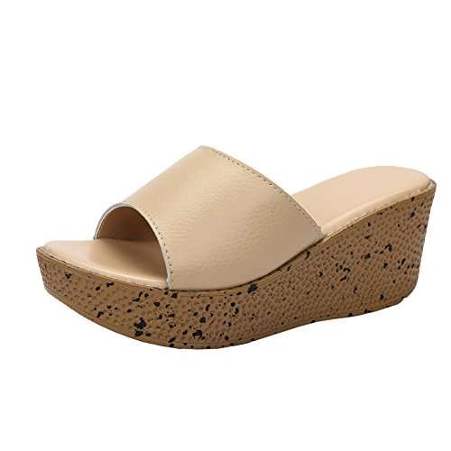fereshte Women's Leather Open Toe Wedges Slide Platform Sandals Beige 37 - US 6.5 1