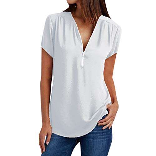 Women Tops Summer V- Neck Zipper Plain T Shirts Long Sleeve Short Sleeve Sleeveless Casual Loose Blouses 1