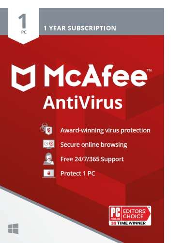 [Old Version] McAfee AntiVirus Protection 2022 | 1 PC (Windows)| Antivirus Protection, Internet Security Software | 1 Year Subscription | Download Code 1