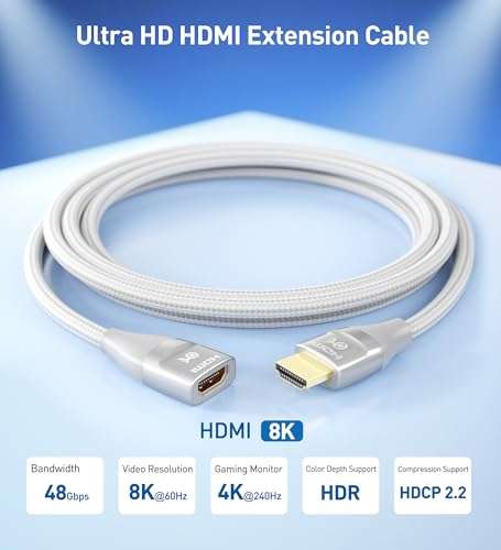 Cable Matters 48Gbps Ultra HD 8K HDMI Extension Cable - 3.3ft / 1m, Supports [8K@60Hz / 4K@240Hz with HDR], HDMI Male to Female Extender Cable, Titanium Silver 2