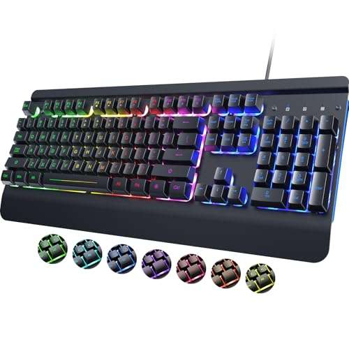 RisoPhy RGB Gaming Keyboard, 7 Single Color Backlits, 104 Keys Metal Panel Computer Keyboard,Silent Keys, Wrist Rest, Full Size Waterproof Light Up Wired Keyboard for PC Laptop Mac Gamer 1