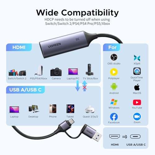 UGREEN 2K@30Hz Video Capture Card HDMI to USB 3.0 and USB C, Full HD 4K 30Hz Input with Low Latency for Capture Video and Audio Recording Compatible with Switch 2/Xbox/PS5/ TV Stick/PC/Camera 5