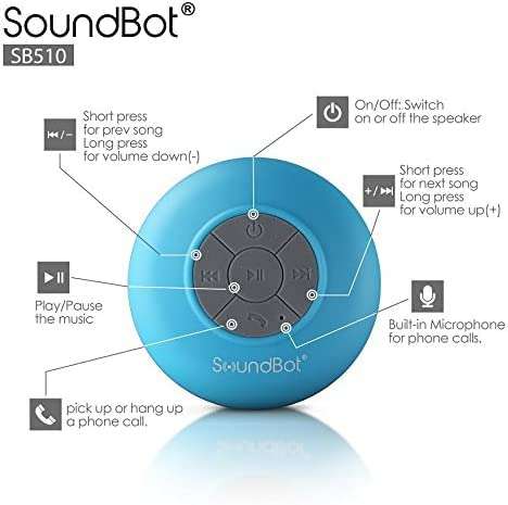 Soundbot® Waterproof Shower Speaker HD Water Resistant Bluetooth Handsfree Portable with Loud Clear Sounds 6+hrs of Playtime, Wireless Suction Cup Small Durable for Outdoors Travel Home SB510 (Blue) 5