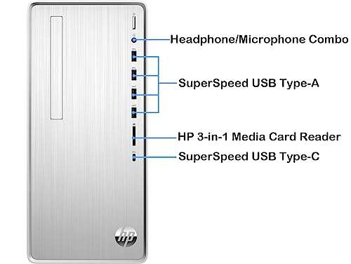 HP Pavilion Desktop, AMD Ryzen 5 5600G, 12GB RAM, 1TB HDD, 256GB SSD, Windows 11 Pro, HDMI, Wi-Fi 5, Bluetooth, USB Ports, Natural Silver, PCM 4