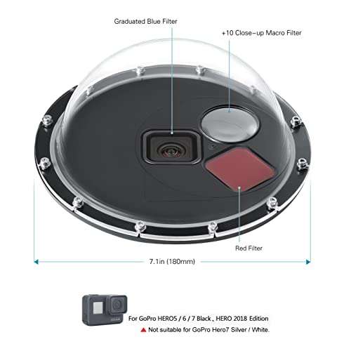 SOONSUN Waterproof Dome Port for GoPro Hero 5 Black Hero 6 Black Hero 7 Black Hero (2018) Camera, Underwater Dome Housing with Filters for GoPro Hero 5 6 7 Black, Built-in Red and 10x Close-up Filters 2