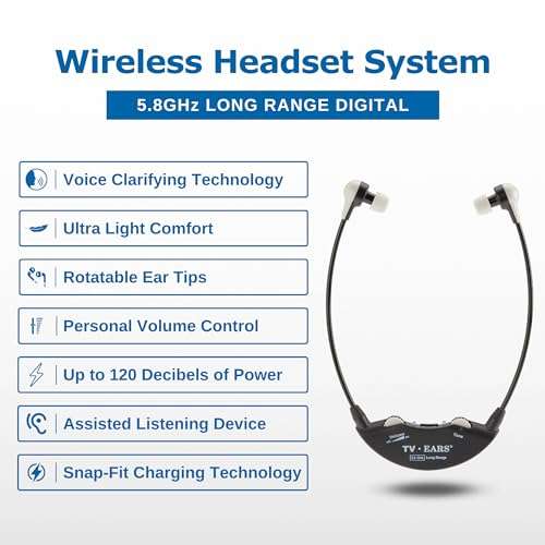 TV · Ears Long Range Digital Wireless Headset System, 5.8 GHz RF Transmitter Headsets for TV, Ideal for Seniors & with Hearing Difficulties, Works with a Wide Range of TV Brands, 1 Pair 2