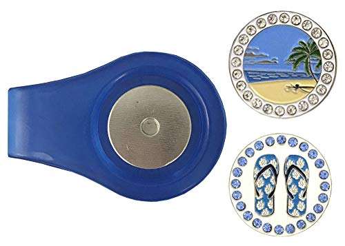 Giggle Golf Magnetic Ball Marker Clip with Two Bling Golf Ball Markers (Beach Scene & Blue Flip Flips) 1